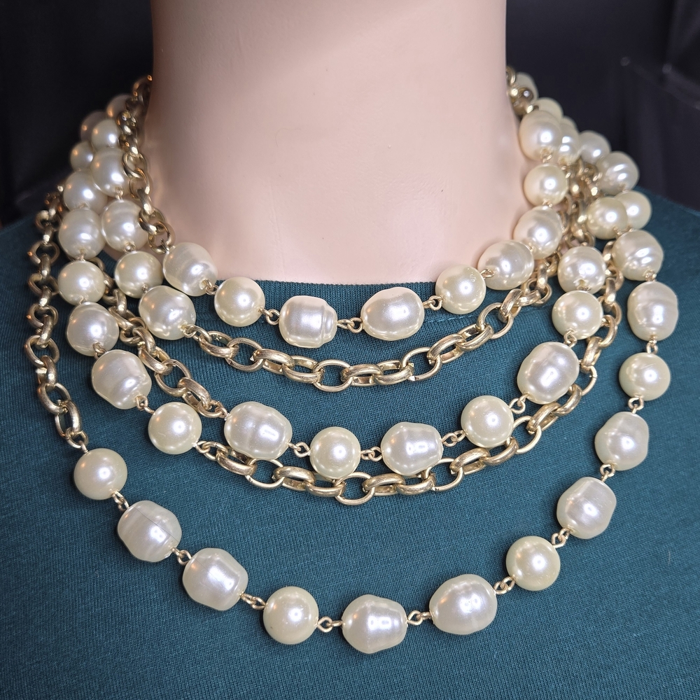 Final Offer-Chico's Chunky Layered Statement Gold and Cream Pearl Necklace